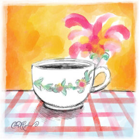 Hand-drawn teacup with floral design on a checkered tablecloth, pink flowers in background.