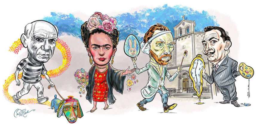 Cartoon caricatures of Frida Kahlo, Van Gogh, Dalí, and Picasso walking through a colorful southern village