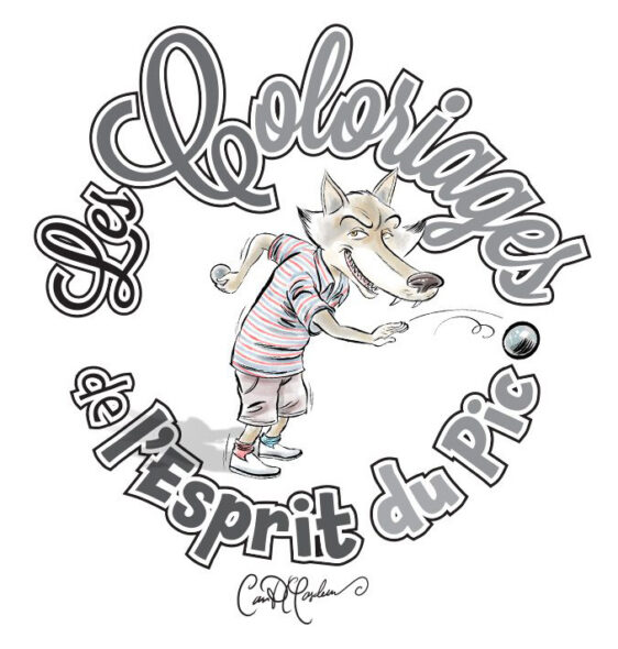 Anthropomorphic wolf in striped shirt playing ball, surrounded by "Les Coloriages de l'Esprit du Pic".