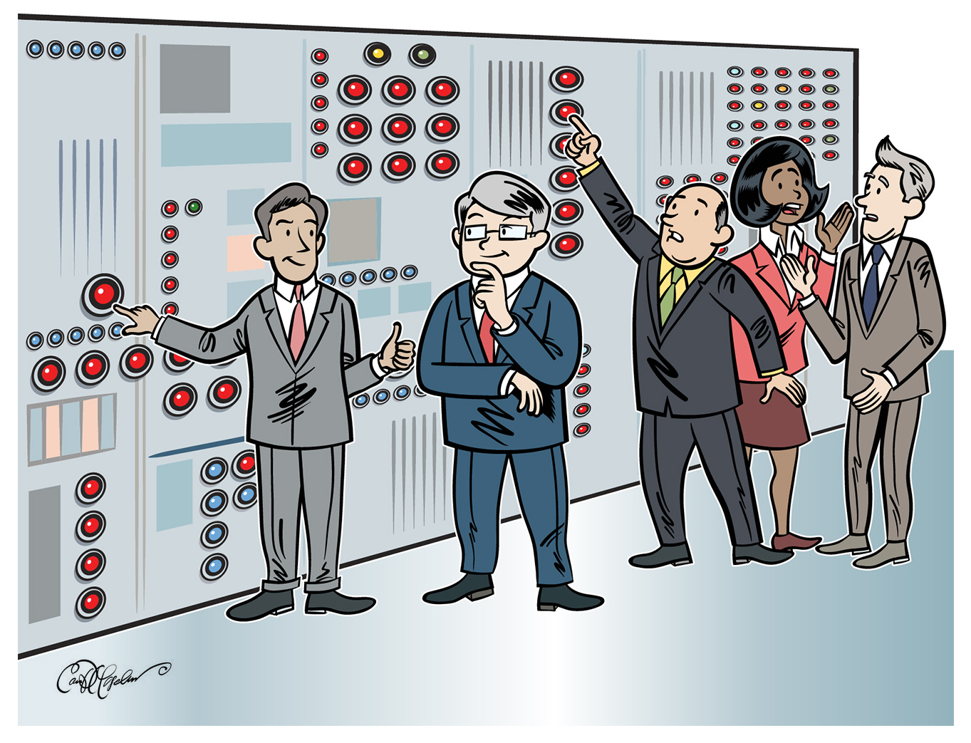 Illustration of a business team overloading a computer interface without a strategy