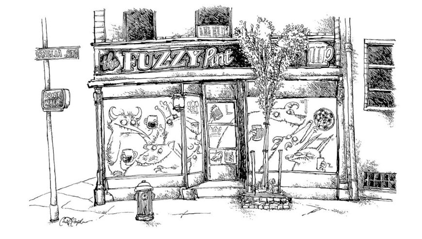 Line sketch of the “Fuzzy Pint” pub on 2 Cornelia Street in Greenwich Village, drawn from a seated viewpoint.