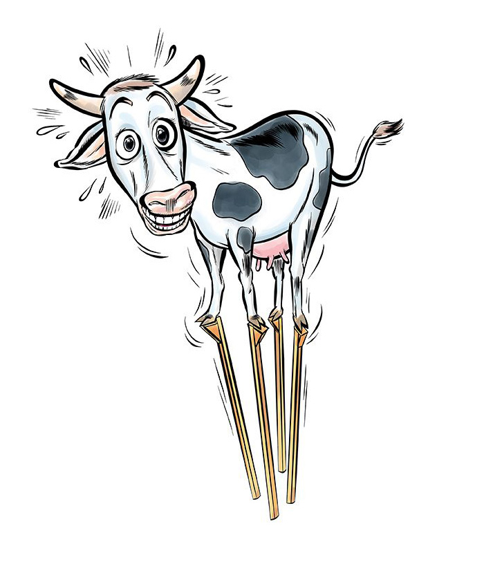 Cartoon cow walking on stilts