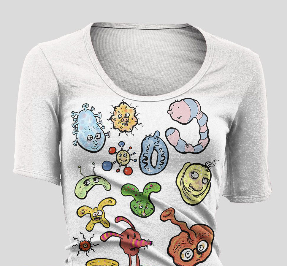 Shirt featuring cartoon bacteria and virus characters