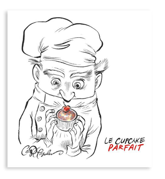 Cartoon chef staring lovingly at tiny cupcake