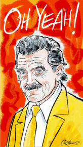 Man with mustache in bright yellow suit, abstract background, "OH YEAH!" text above.