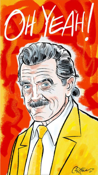 Man with mustache in bright yellow suit, abstract background, "OH YEAH!" text above.