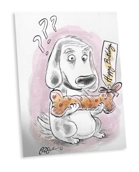 Watercolor drawing of a dog in party hat looking nervously at a ribbon-covered box with wide-eyed concern.