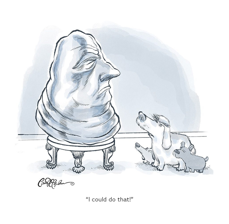 Abstract sculpture with two cartoon dogs looking up at it