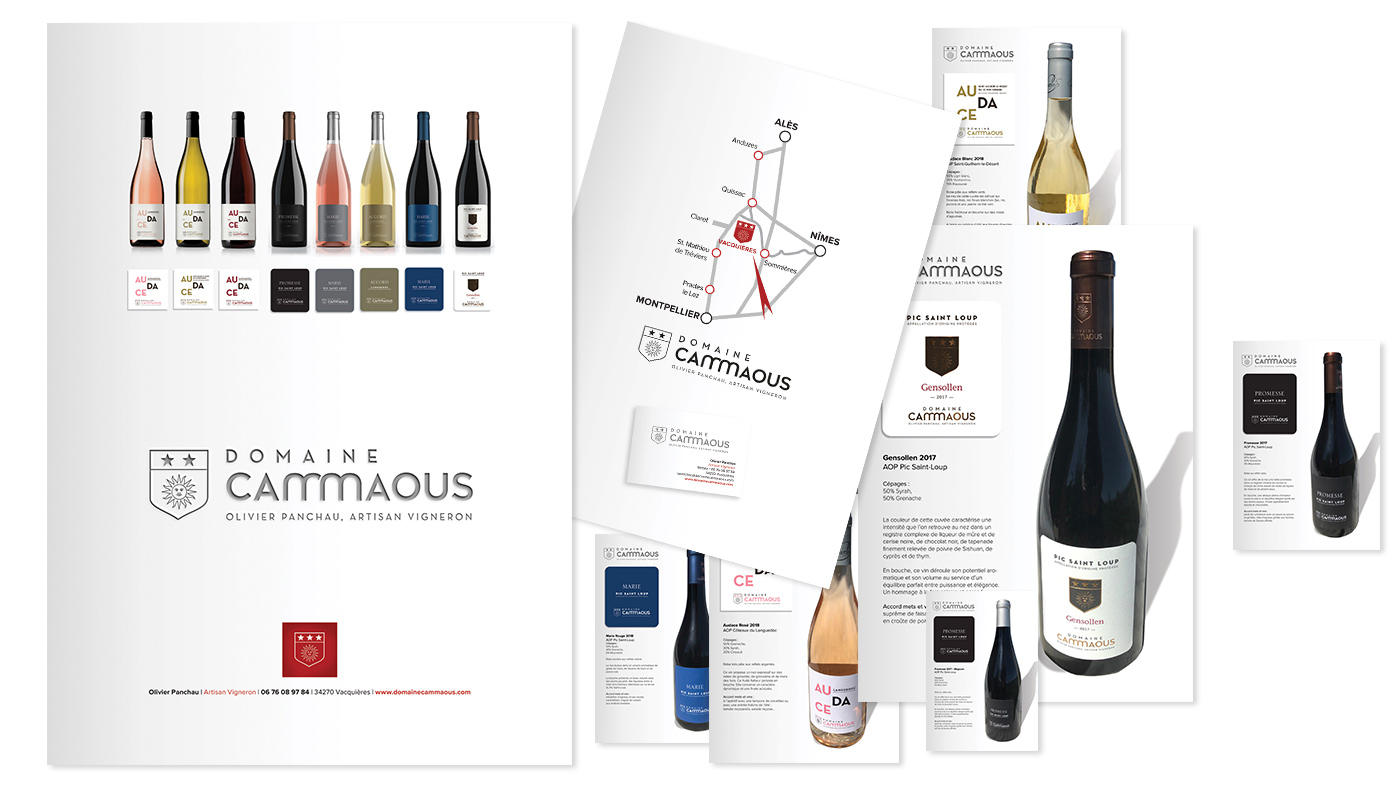 Domaine Cammaous wine bottles, logo, contact info, location map near Montpellier, France.