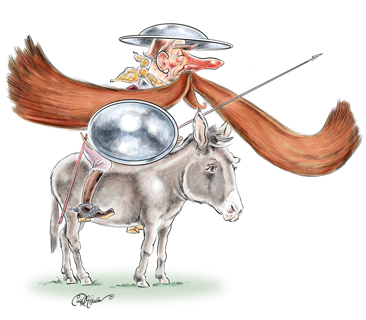 Cartoon version of Don Quixote on horseback with lance and giant mustache