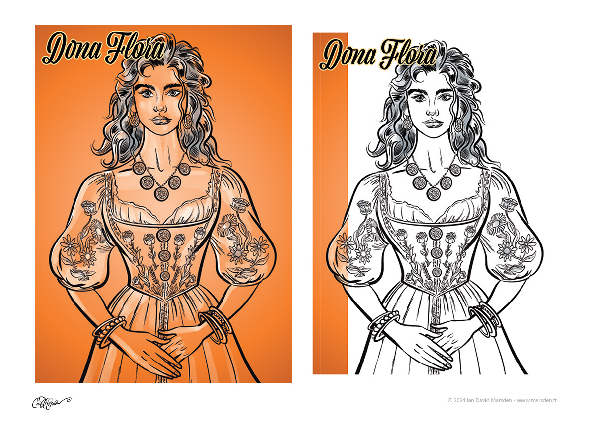Two illustrations of Dona Flora, one colored and one outlined, by Ian David Marsden, 2024.