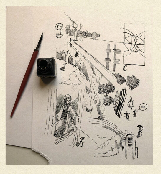 Sketchbook page of freehand ink doodles, drawn around a dip pen and ink bottle, full of spontaneous absurdities.