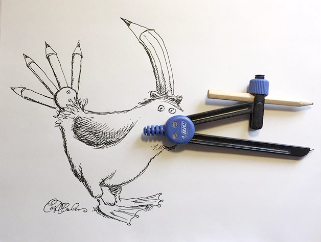 Ink drawing of a stylized bird with compass body and pencil limbs — part geometry lesson, part dignified absurdity.