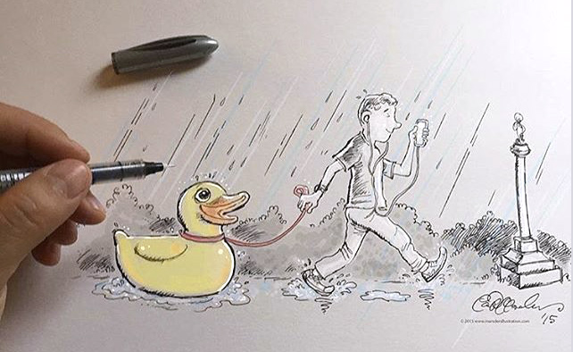 Pen and ink drawing of a happy pedestrian strolling a toy duck through puddles wile listening to his music.