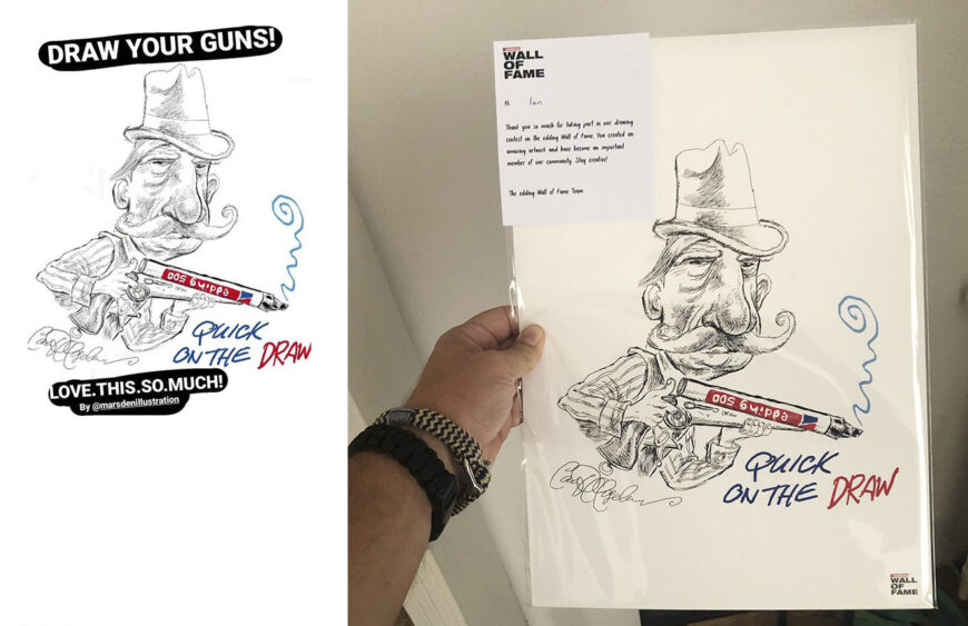 Photo of a hand holding a certificate printout from Edding’s web drawing app, with a cartoon of the artist receiving it.