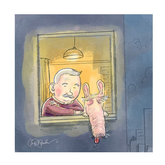 Elderly man and dog looking out window side by side