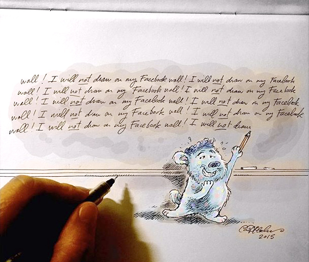 Drawing of a cartoon figure performing chalkboard penance with classic schoolroom repetition.