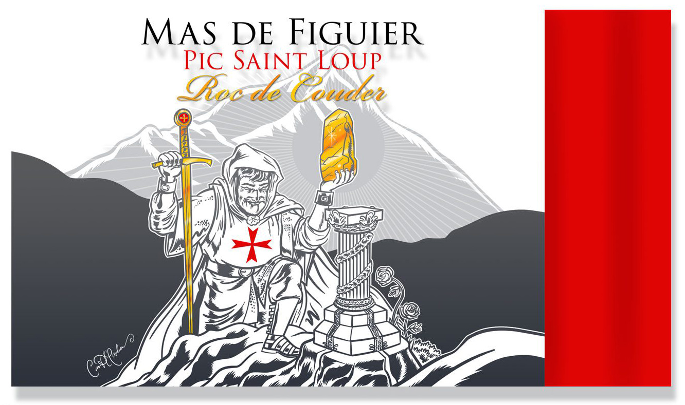 Wine label detail with Templar figure and mountain