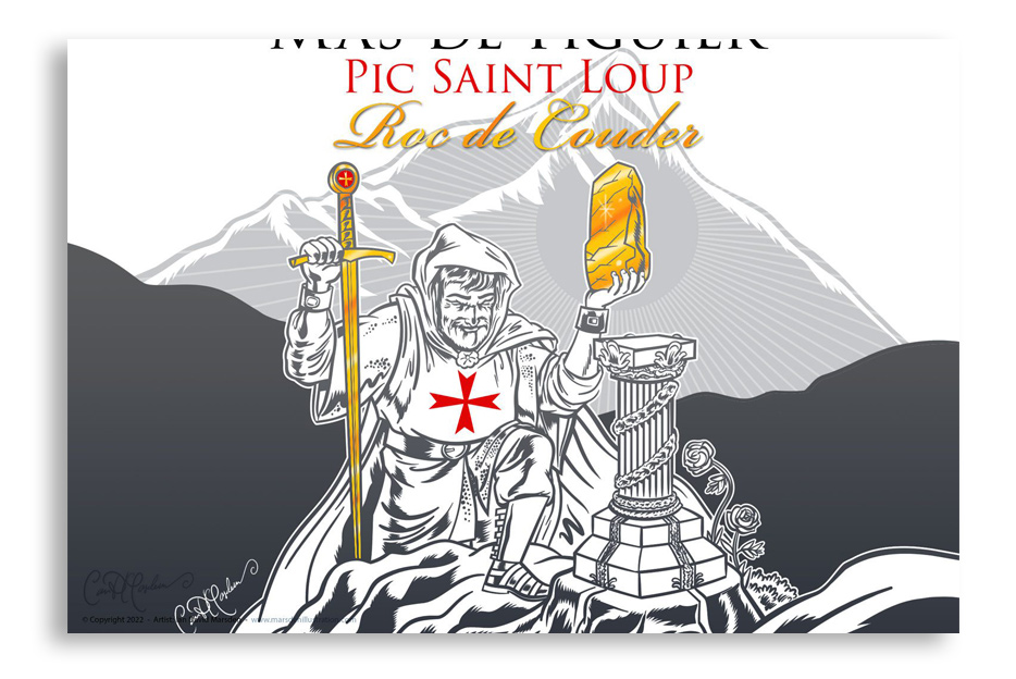 Vector wine label with Templar knight and golden relic, Pic Saint-Loup mountain background, for French red wine.