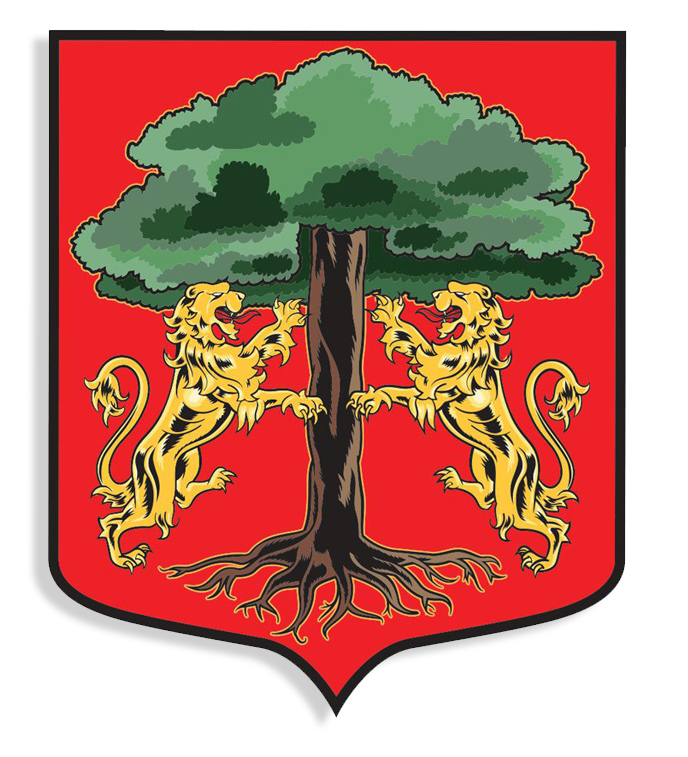 Heraldic shield with two golden lions on hind legs, facing tree on red background.