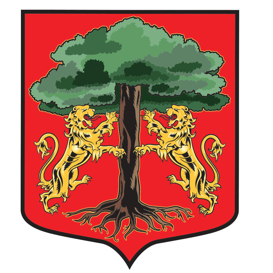 Heraldic crest with tree and two lions, recreated as vector art for Pic Saint-Loup winery.