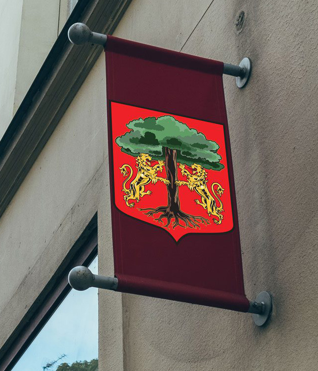 Banner with red background, coat of arms showing two yellow lions flanking a green tree.