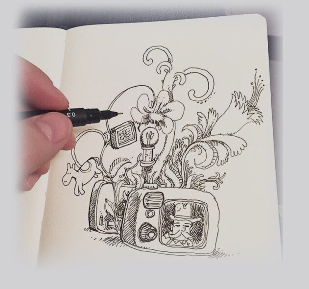 Whimsical ink drawing of a vintage TV bursting with blooming plants and leafy growth.