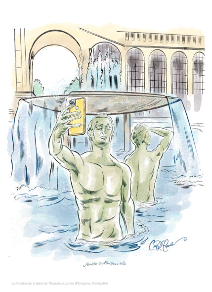 Pen and ink sketch of a classical statue from the Fontaine Thessalie in Montpellier, humorously reimagined holding a phone for a selfie.