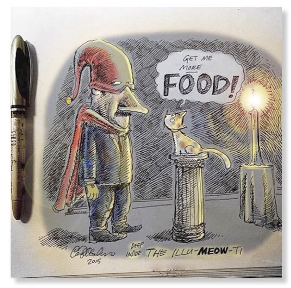 Humorous color drawing of a cat leading a food-themed secret society, complete with pyramid symbolism and torches.