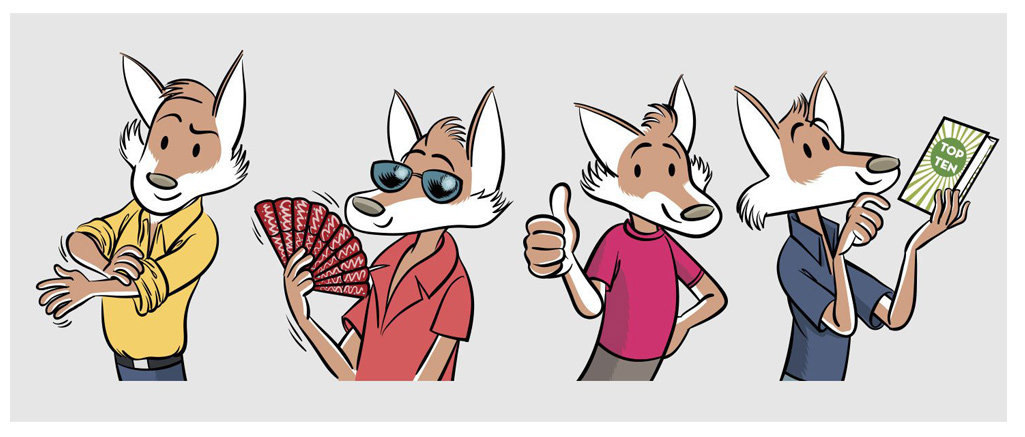 Cartoon fox character in various expressive poses with accessories