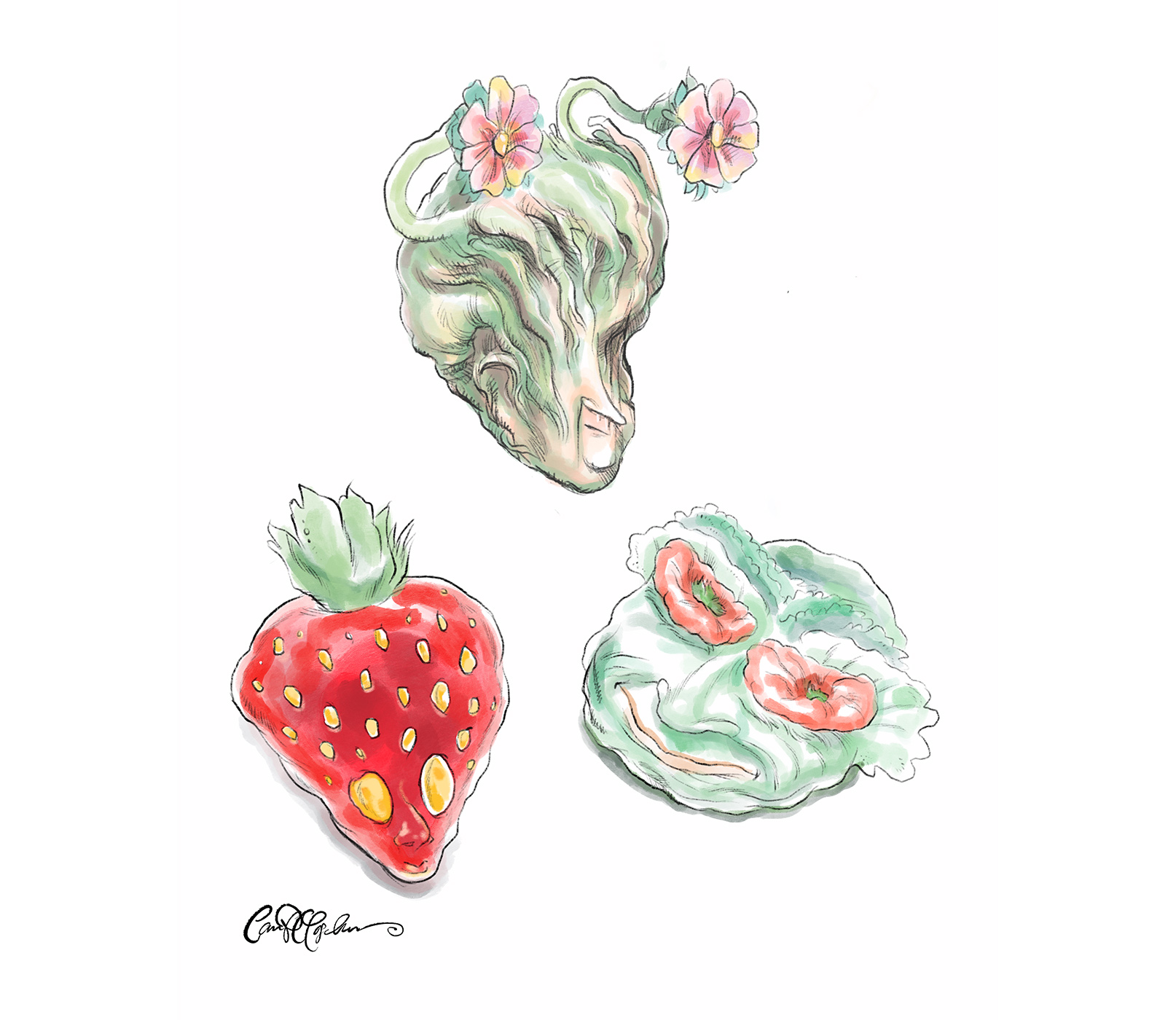 Abstract illustration with tree, strawberry, and leafy vegetable, all with facial features.