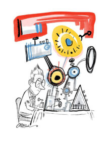 Cartoon of a person with glasses working on a machine with colorful gears and abstract shapes.