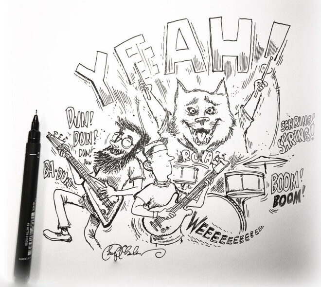 Black ink sketch of an animal rock band mid-performance, led by a large drummer pounding out joy.