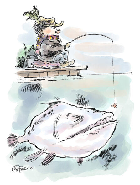 Person fishing on dock with colorful scarf, feathered hat, large fish under bait in whimsical scene.