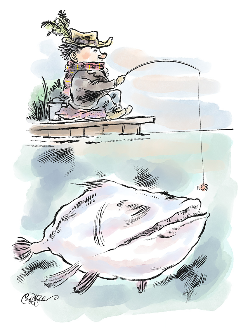 Person fishing on dock with colorful scarf, feathered hat, large fish under bait in whimsical scene.