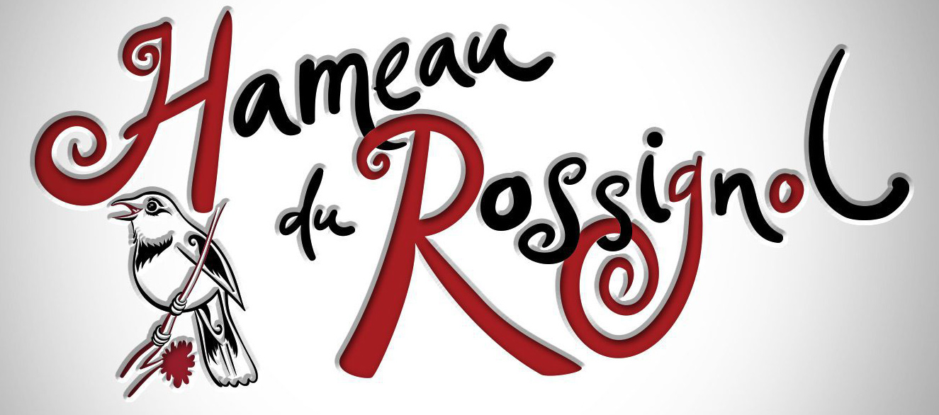 Stylized text "Hameau du Rossignol" with a bird holding a paintbrush.