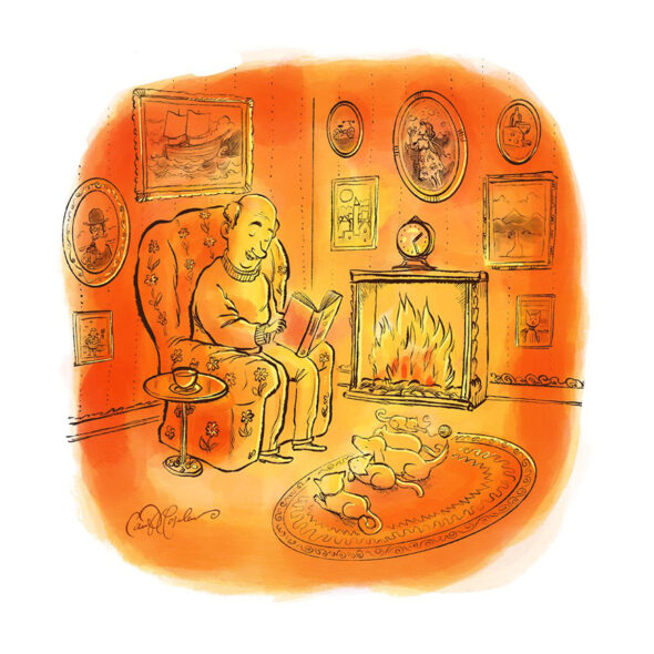 Man reading by fireplace in cozy room with pictures. Cat on rug, table with cup beside chair.