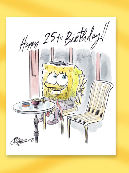 Celebratory cartoon drawing of a yellow sponge character with candles, cake, and exaggerated birthday joy.