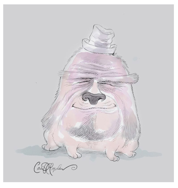 Floppy white cartoon dog in a hat smiling peacefully