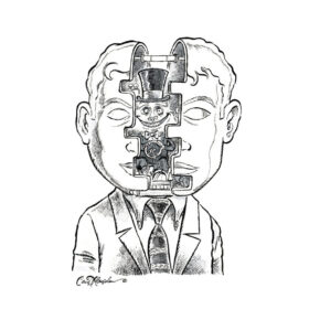 Illustration of a man's head split in half, revealing gears and whimsical figure inside.