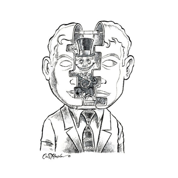 Illustration of a man's head split in half, revealing gears and whimsical figure inside.
