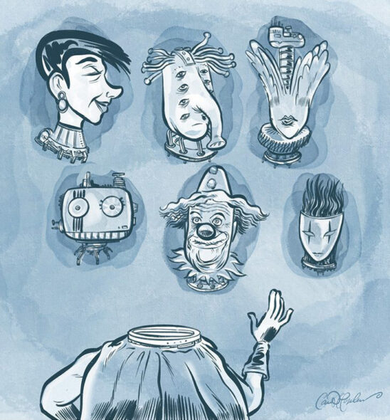 human, creature, robot, clown, and sleek figure.