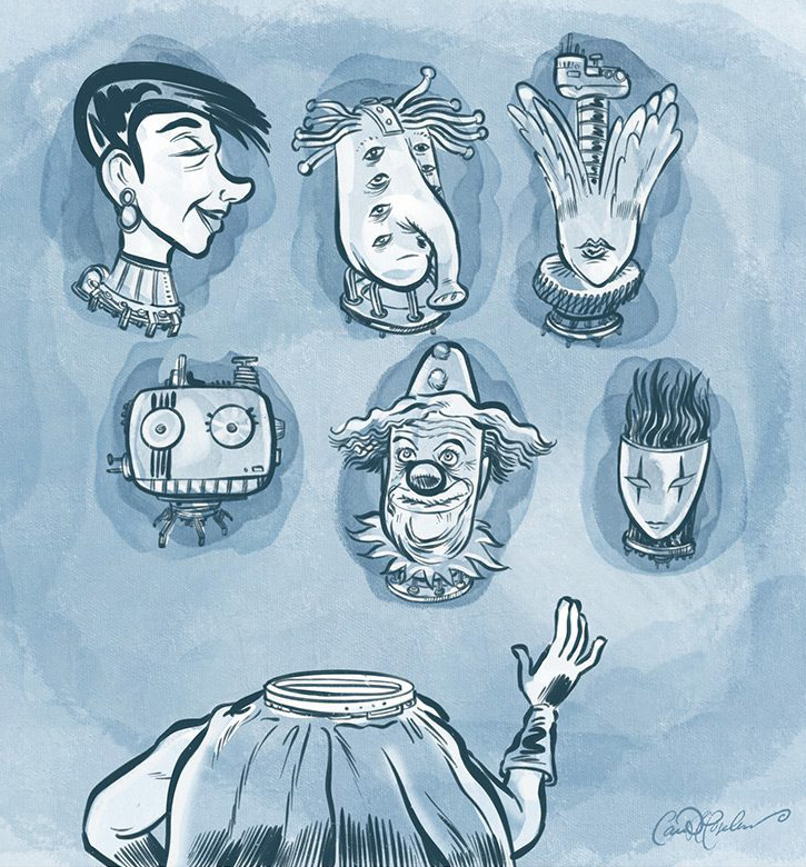 human, creature, robot, clown, and sleek figure.