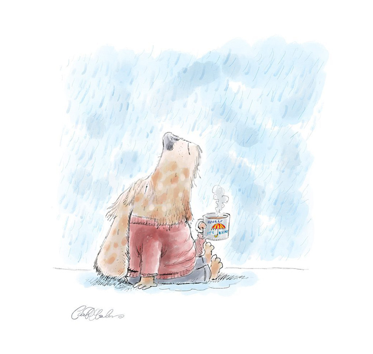Wet cartoon dog holding mug of hot chocolate in rain