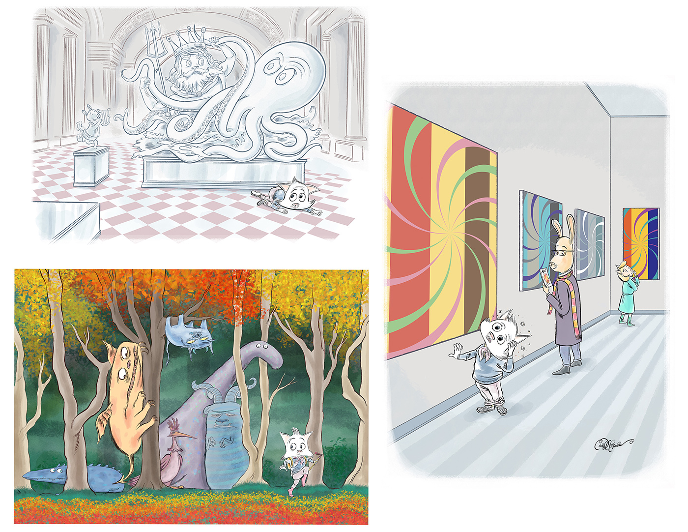 Collage of museum, forest, and character reactions from No Way! by Ian David Marsden