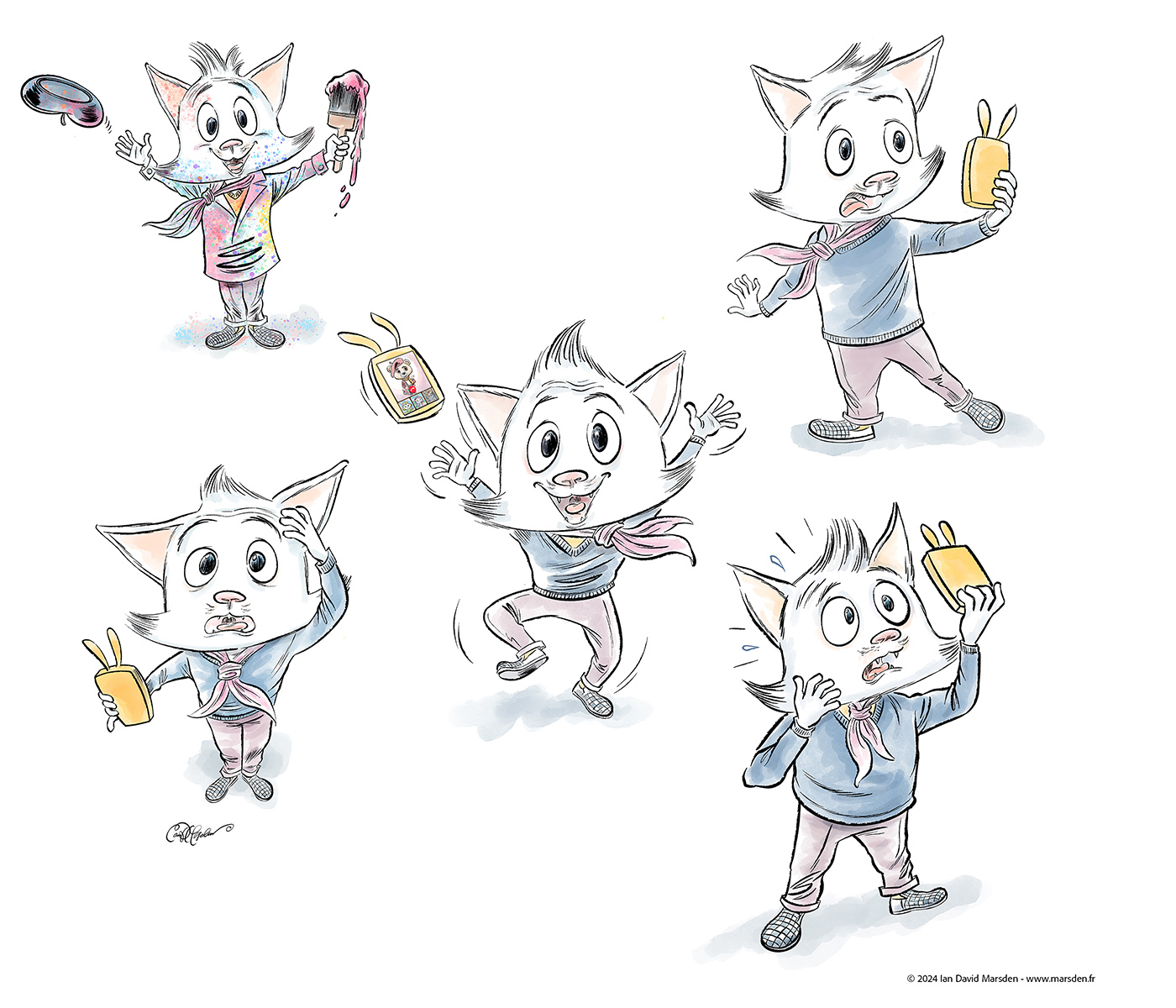 Character design sheet showing Scaredy Cat in various expressive poses, by Ian David Marsden
