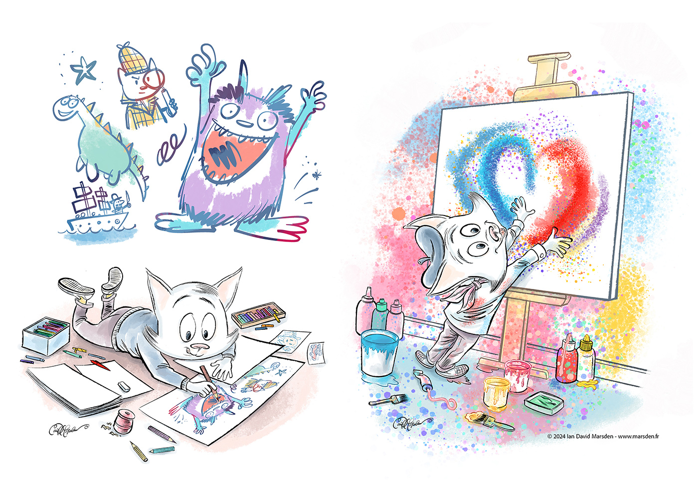 Cat drawing dinosaurs, pirates, and colorful monsters at an easel, from No Way! by Ian David Marsden