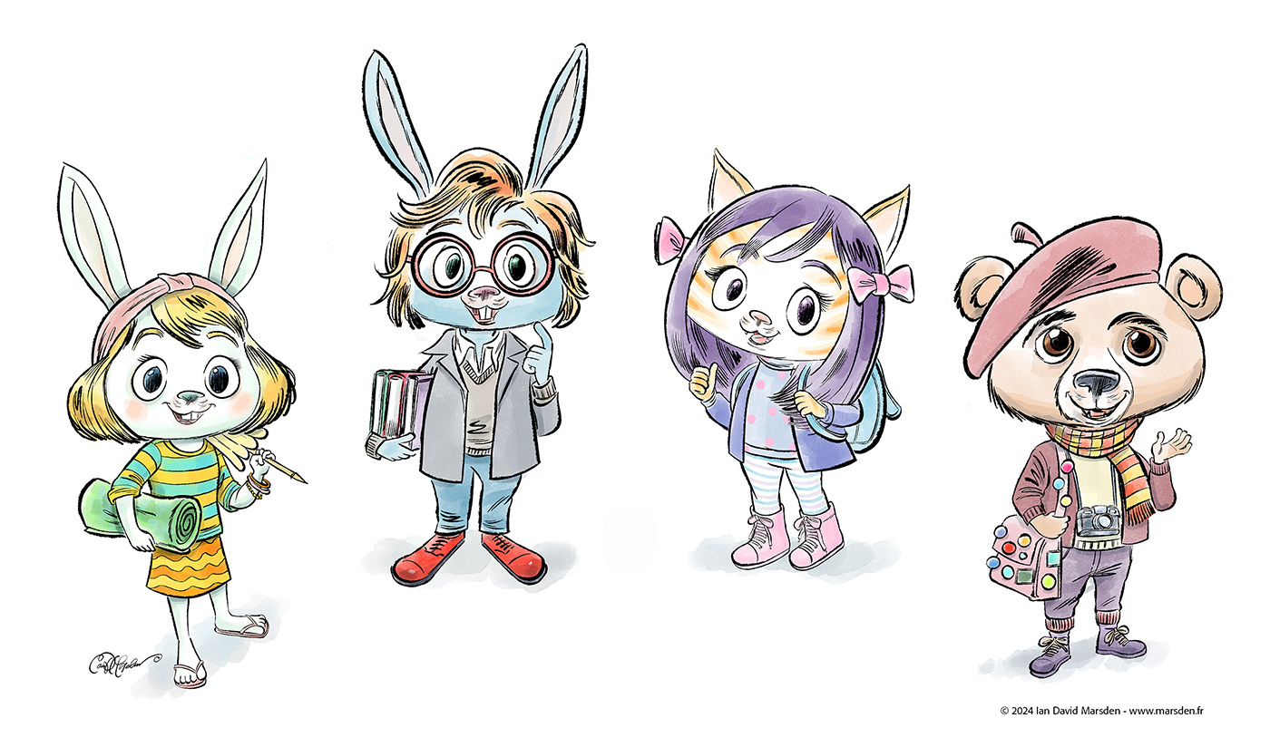 Illustrated lineup of Scaredy Cat’s animal friends from No Way! by Ian David Marsden