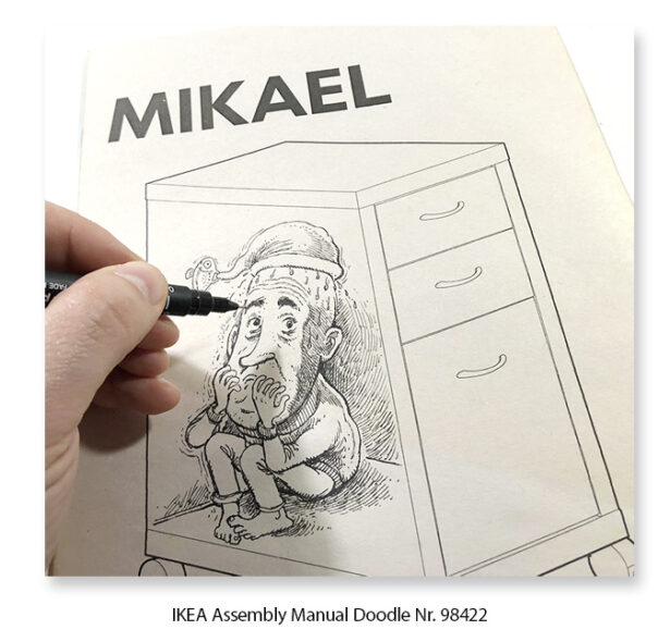 Doodle on IKEA instructions with a cartoon character leaning casually against the diagram, smirking.
