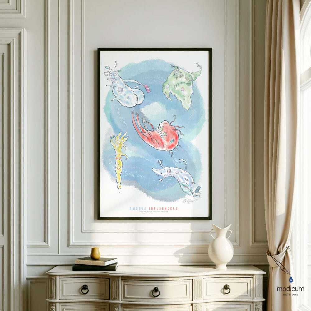 Illustration of amoebas as social media icons in the Precambrian era, humorously mimicking modern influencer culture with duck lips and cytoplasm poses.